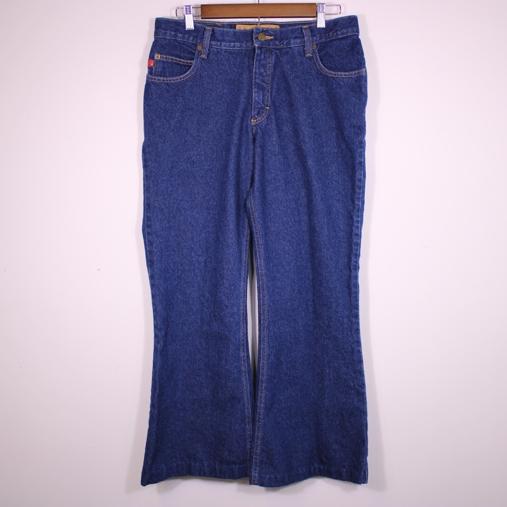 Vintage Y2K Mudd Jeans Womens Sz 12 Dark‎ Blue Flare USA Made Denim-32x28.25